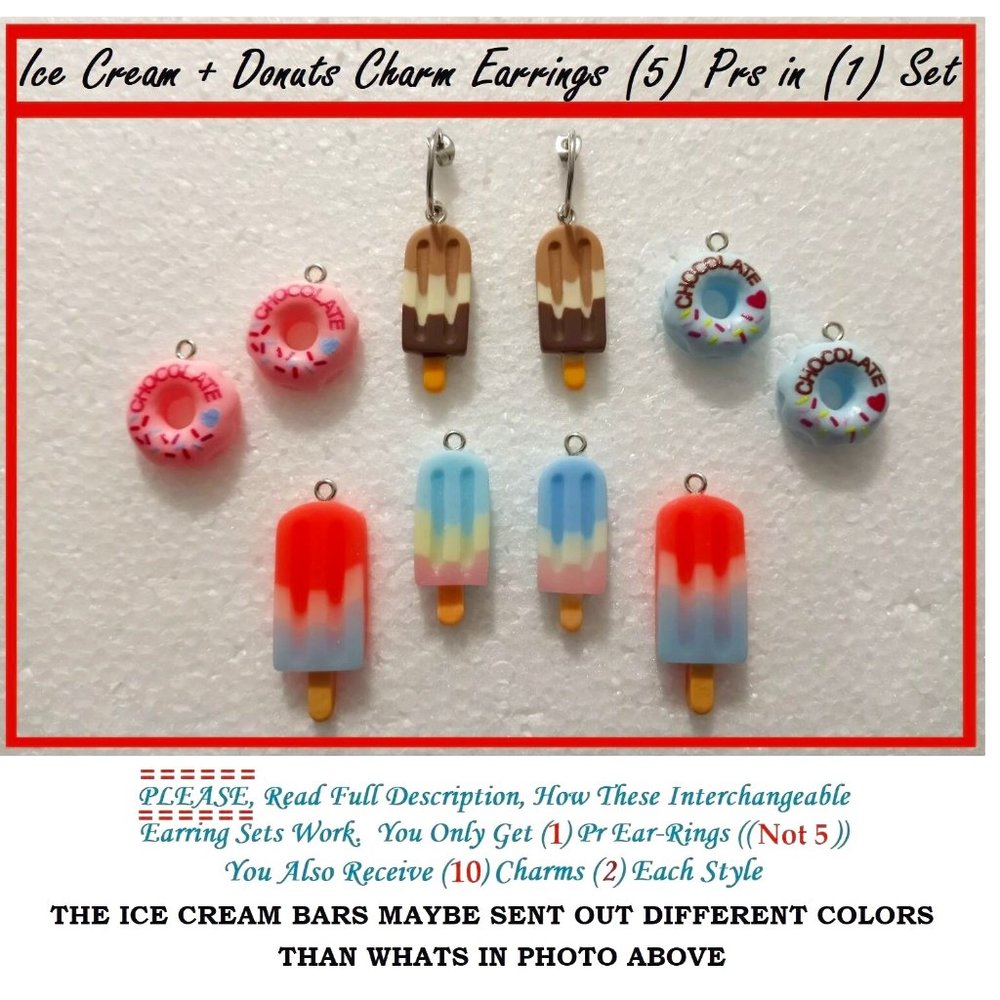 5/$20 Sweet Donut Ice Cream Party Interchangeable Charm Earrings-5 Pairs in Set